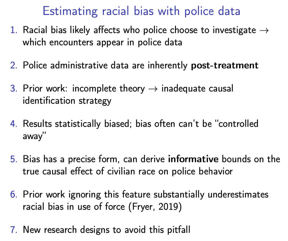 Prior work ignoring this feature substantially underestimates racial bias in use of force (Fryer, 2019)