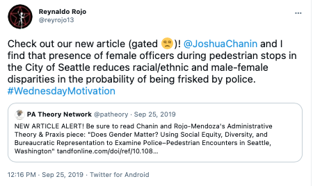 Check out our new article (gated Unamused face)! @JoshuaChanin and I find that presence of female officers during pedestrian stops in the City of Seattle reduces racial/ethnic and male-female disparities in the probability of being frisked by police.