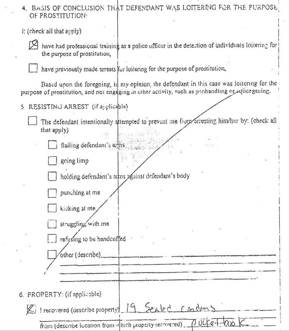 Sample arrest report showing condom possession as basis for presuming prostitution