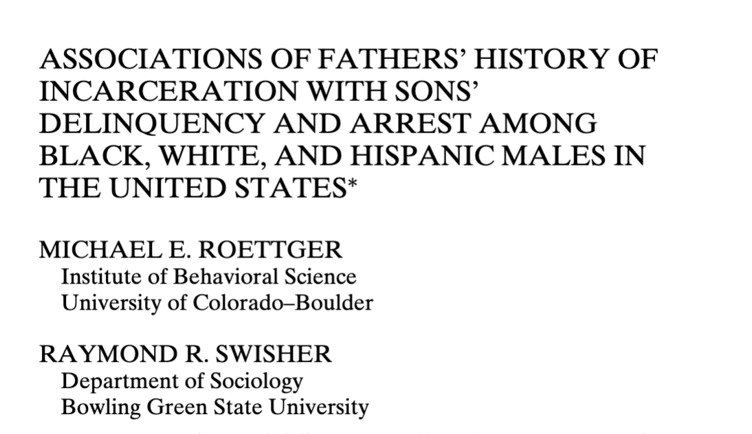 Associations of Fathers' History of Incarceration With Sons' Delinquency and Arrest Among Black, White, and Hispanic Males in the United States*