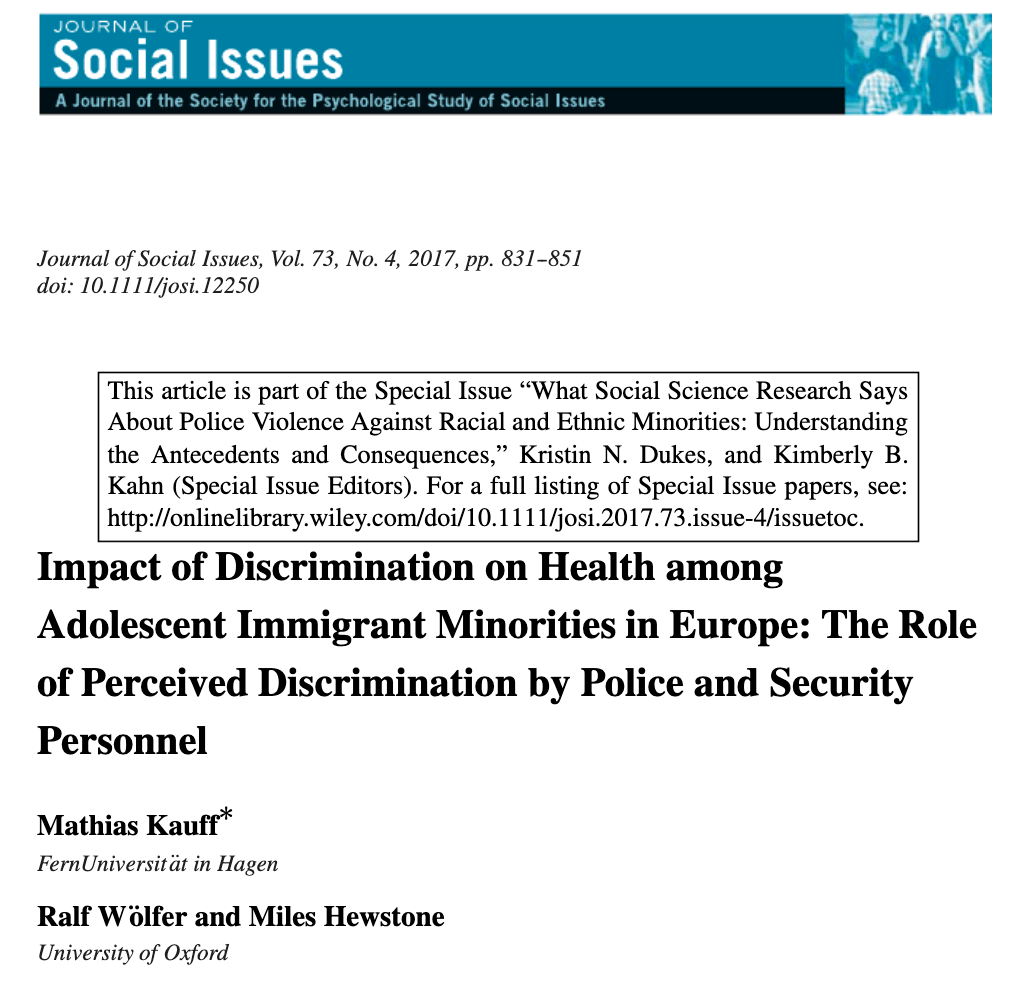 Impact of Discrimination on Health Among Adolescent Immigrant Minorities in Europe: The Role of Perceived Discrimination by Police and Security Personnel