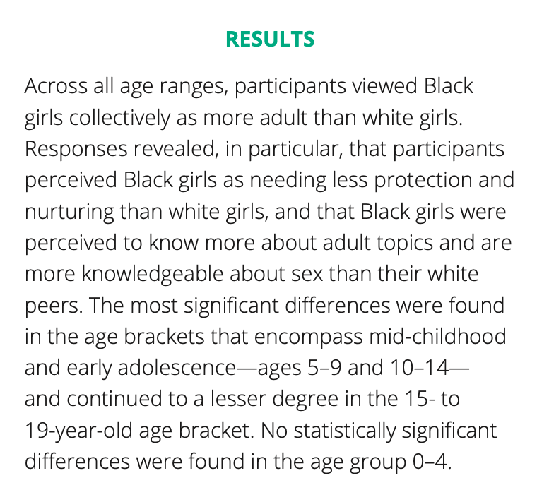 Across all age ranges, participants viewed Black girls collectively as more adult than white girls. Responses revealed, in particular, that participants perceived Black girls as needing less protection and nurturing than white girls, and that Black girls were perceived to know more about adult topics and are more knowledgeable about sex than their white peers. The most significant differences were found in the age brackets that encompass mid-childhood and early adolescence—ages 5–9 and 10–14— and continued to a lesser degree in the 15- to 19-year-old age bracket. No statistically significant differences were found in the age group 0–4.