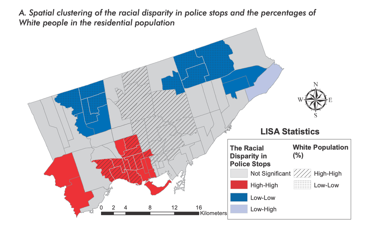 Spatial clustering of the racial disparity in police stops and the percentages of White people in the residential population