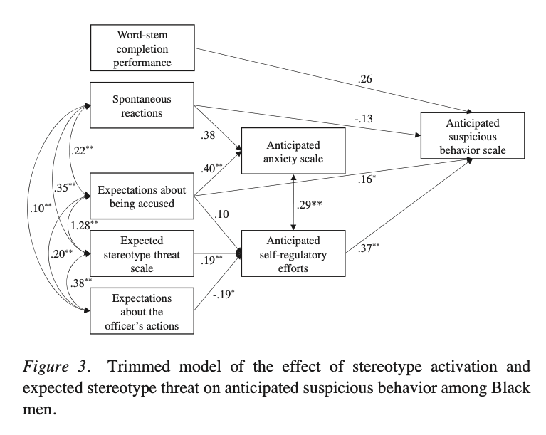 Trimmed model of the effects of stereotype activitation and expected stereotype threat on anticipated suspicious behavior among black men.