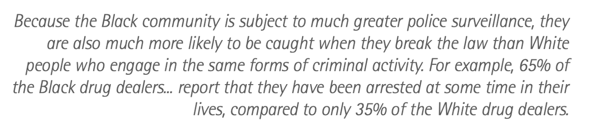 Because the Black community is subject to much greater police surveillance, they are also much more likely to be caught when they break the law than White people who engage in the same forms of criminal activity. For example, 65 % of the Black drug dealers... report that they have been arrested at some time in their lives, compared to only 35 % of the White drug dealers.