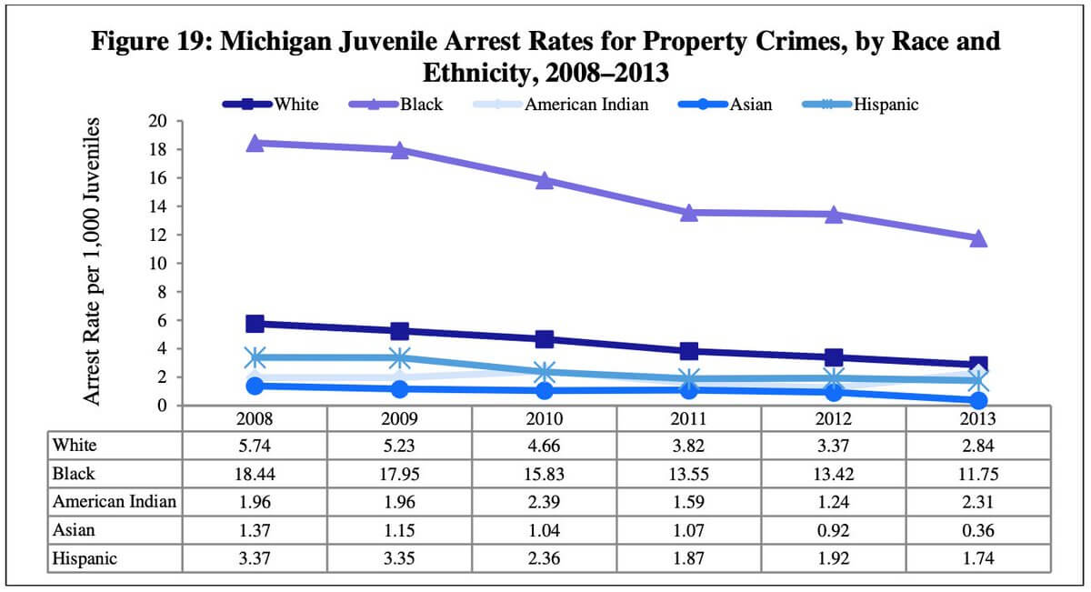 Figure 19: Michigan Juvenile Arrest Rates for Property Crimes, by Race and Ethnicity, 2008–2013