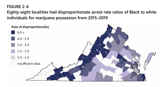 Racial disproportionalities in marijuana possession arrests were found in all 88 localities where there was sufficient data. The rate of disproportionality varied by locality (Figure 2-4). For example, in Petersburg, Black individuals were 2.3 times more likely to be arrested for marijuana possession, whereas in Arlington they were 14 times more likely.