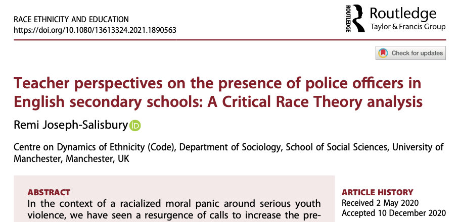 Teacher perspectives on the presence of police officers in English secondary schools: A Critical Race Theory analysis