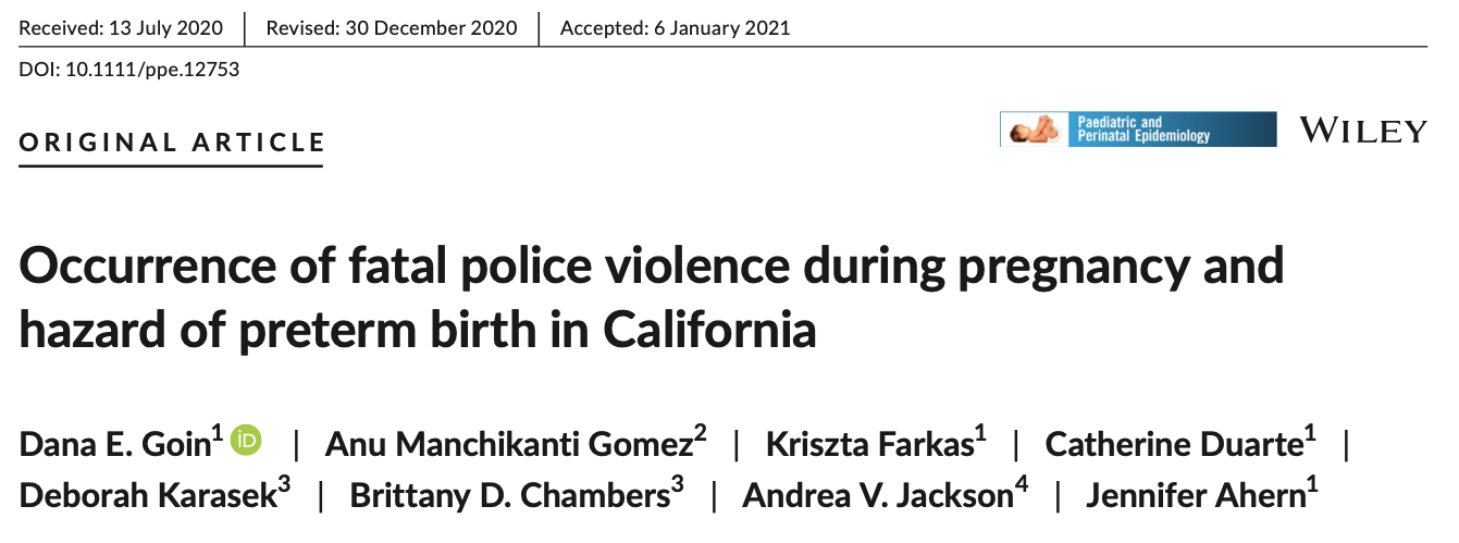 Occurrence of fatal police violence during pregnancy and hazard of preterm birth in California