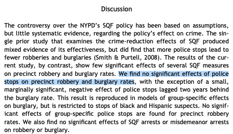 We find no significant effects of police stops on precinct robbery and burglary rates.