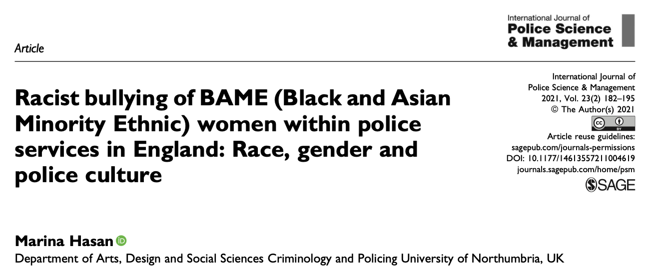 Racist bullying of BAME (Black and Asian Minority Ethnic) women within police services in England: Race, gender and police culture